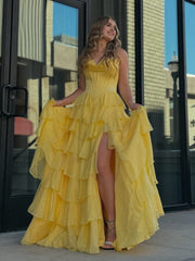 Yellow Strapless A-Line Ruffle Long Prom Dress With Split