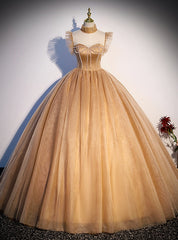 Yellow Tulle Beading See Through Neck Quinceanera Dresses