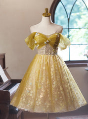 Yellow Tulle Flower Off the Shoulder Homecoming Dresses