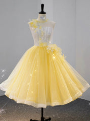 Yellow Tulle Lace Flower Tea Length Homecoming Dresses