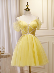 Yellow Tulle Off the Shoulder Pleats Homecoming Dresses