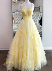 Yellow Tulle Sequins Flower Prom Dresses