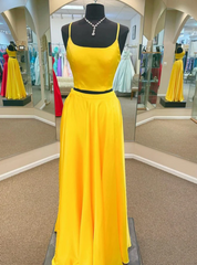 Yellow Two Piece Spaghetti Straps Prom Dresses