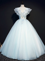 You Are Sure To Find The Perfect Sky Blue Ball Gown Tulle V-neck Appliques Quinceanera Dresses