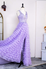 Lavender Plunging V Neck Appliques Layers Long Prom Dress with Slit