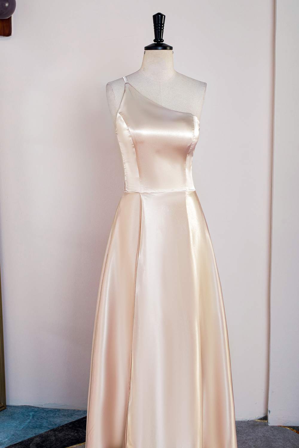 Champagne One Shoulder A-line Satin Tea Length Bridesmaid Dress