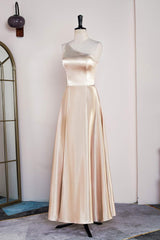 Champagne One Shoulder A-line Satin Tea Length Bridesmaid Dress