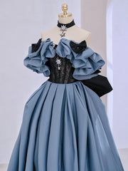 Blue Satin Lace Long Prom Dress, Off Shoulder Evening Dress