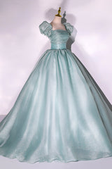 Green Tulle Floor Length Prom Dress, Lovely Short Sleeve Formal Evening Gown