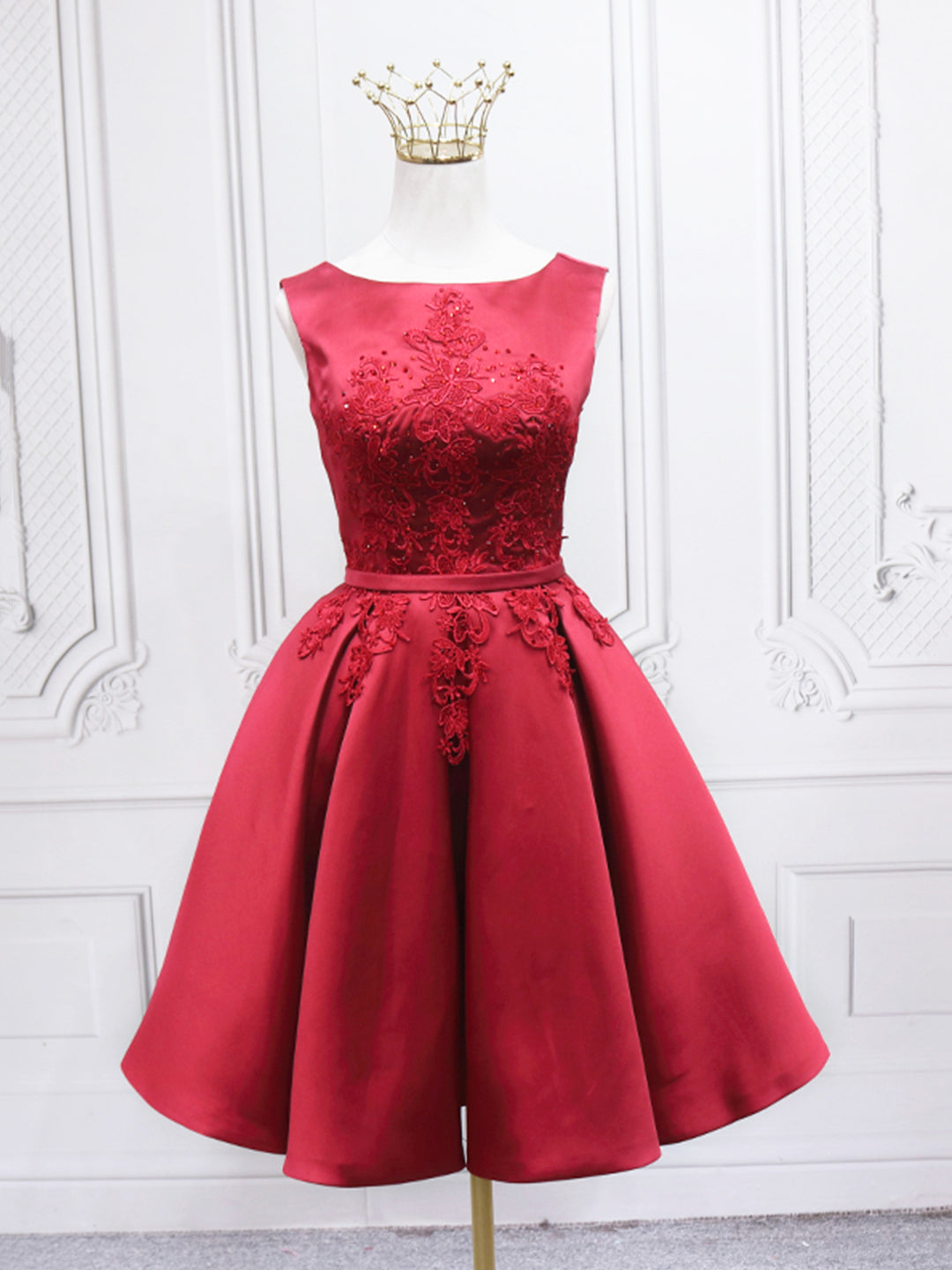 Burgundy Satin Lace Short Prom Dress, A-Line Homecoming Dress