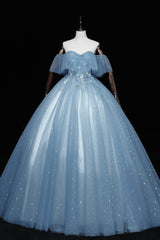 Blue Tulle Lace Long Prom Dresses, A-Line Off the Shoulder Evening Dresses