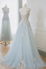 Blue Tulle Lace Long Prom Dress, A-Line Strapless Evening Dress