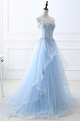 Blue Strapless Tulle Lace Long A-Line Prom Dress, Blue Evening Dress