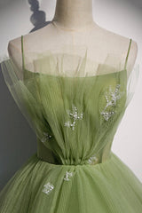 Green Tulle Long A-Line Prom Dresses, Green Spaghetti Straps Evening Dresses