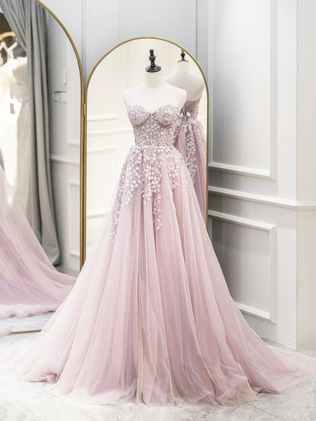 Cute Tulle Sweetheart Long Party Dress with Lace, Beautiful A-Line Prom Dress