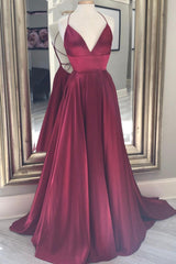 Burgundy Satin Long Prom Dresses, A-Line Backless Evening Dresses