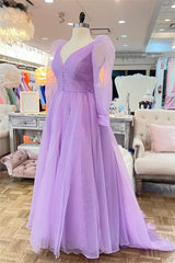 Lavender Tulle V Neck Illusion Neck Pleated Long Prom Dress