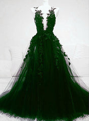 Dark Green Tulle With Lace Deep Neckline Backless Prom Dress, Dark Green Party Dress