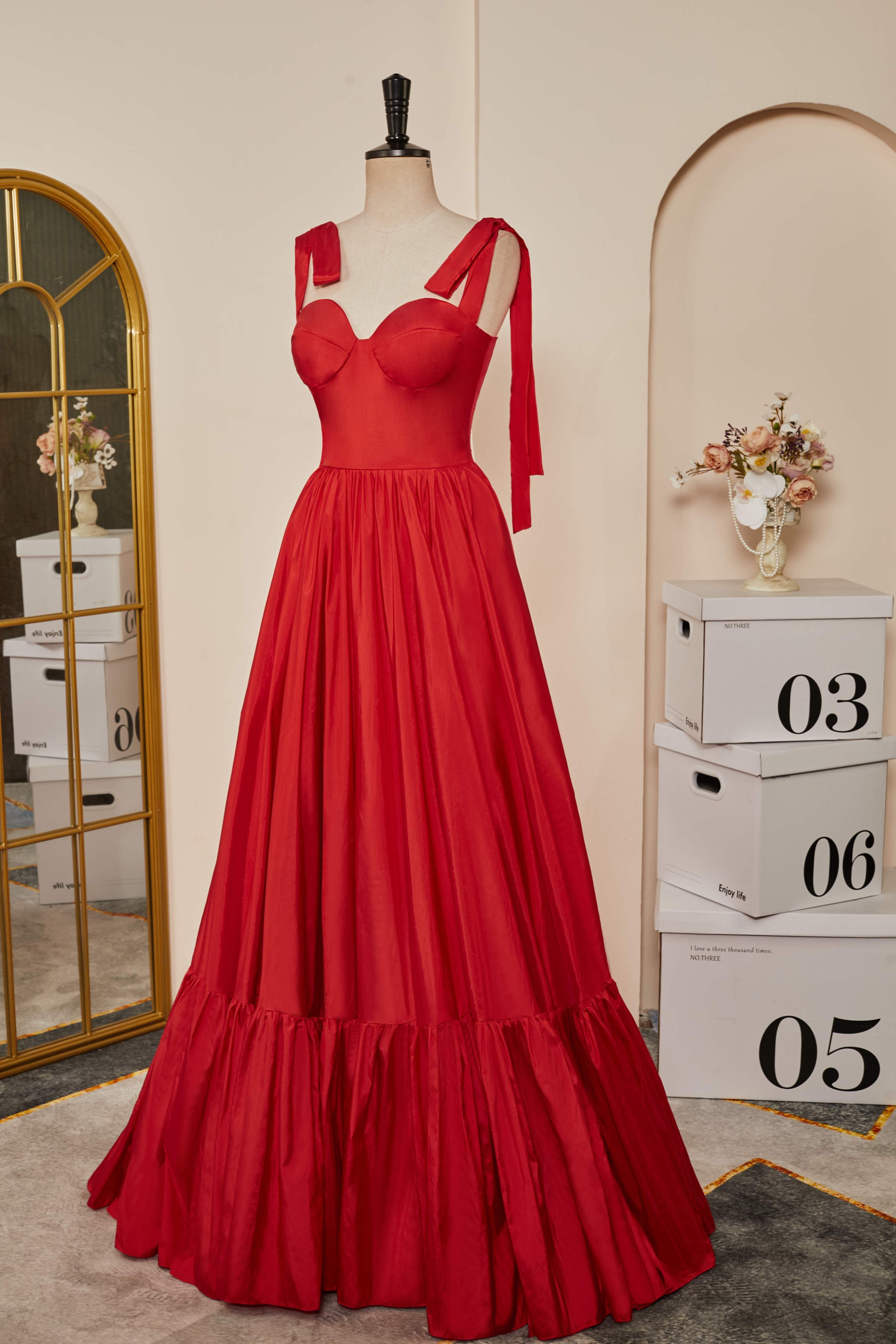 Red Bow Tie Straps A-line Satin Long Prom Dress