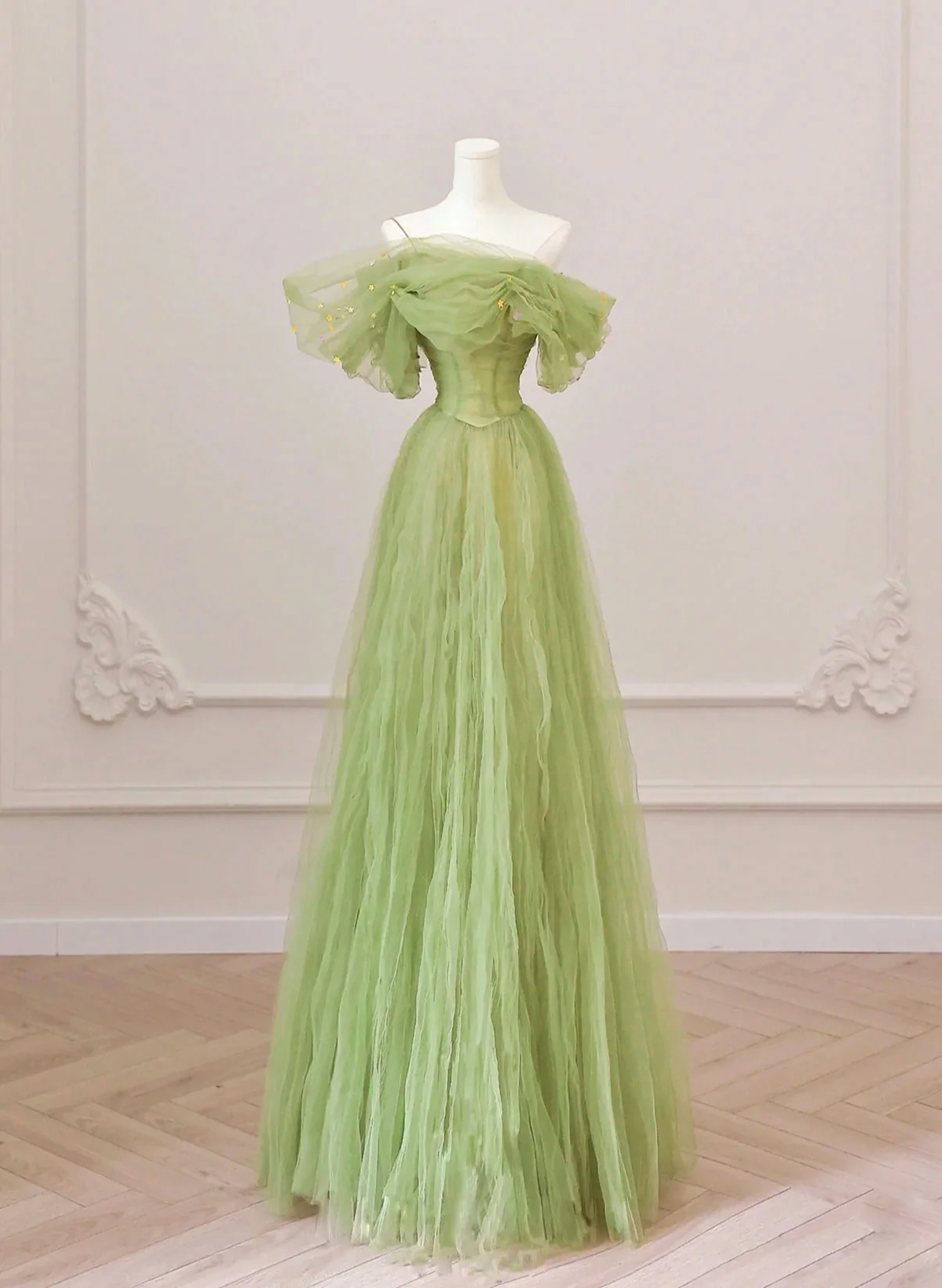 Green Floor Length Simple Off Shoulder Long Formal Dress, Green A-Line Prom Dress