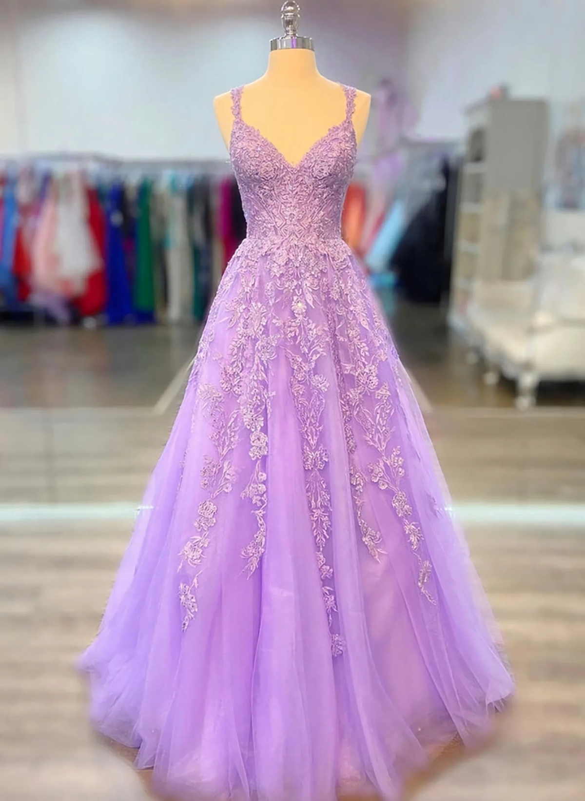 A-Line Tulle Princess Light Purple Prom Dress With Appliques, Tulle Straps Formal Dress