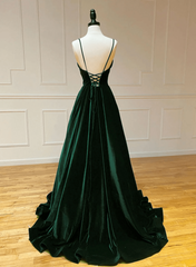 Green V-Neckline Straps Lace-Up A-Line Prom Dress, Green Velvet Long Prom Dress