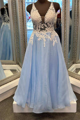 Light Blue Floral Lace V-Back A-Line Long Prom Dress