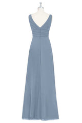 Dusty Blue V-Neck Banded Waist Ruffled Long Bridesmaid Dress