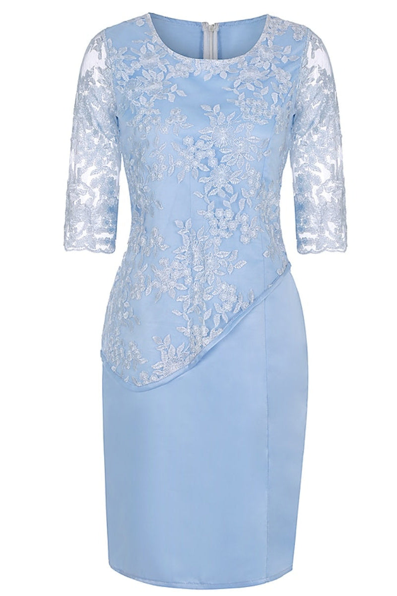 Light Blue Crew Neck Lace Half Sleeve Short Mother of the Bride Dress