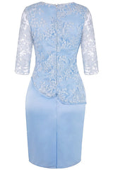 Light Blue Crew Neck Lace Half Sleeve Short Mother of the Bride Dress