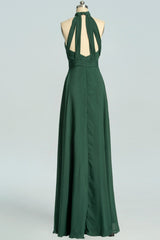 Halter Hunter Green Chiffon A-line Long Bridesmaid Dress