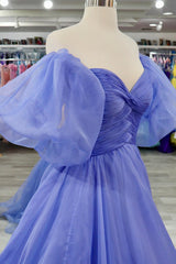 Lavender Tulle A-line Off-Shoulder Puff Sleeves Pleated Long Prom Dress