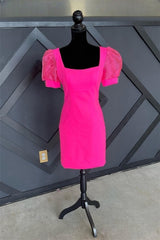 Fuchsia Puff Sleeves Square Neck Sheath Homecoming Dress