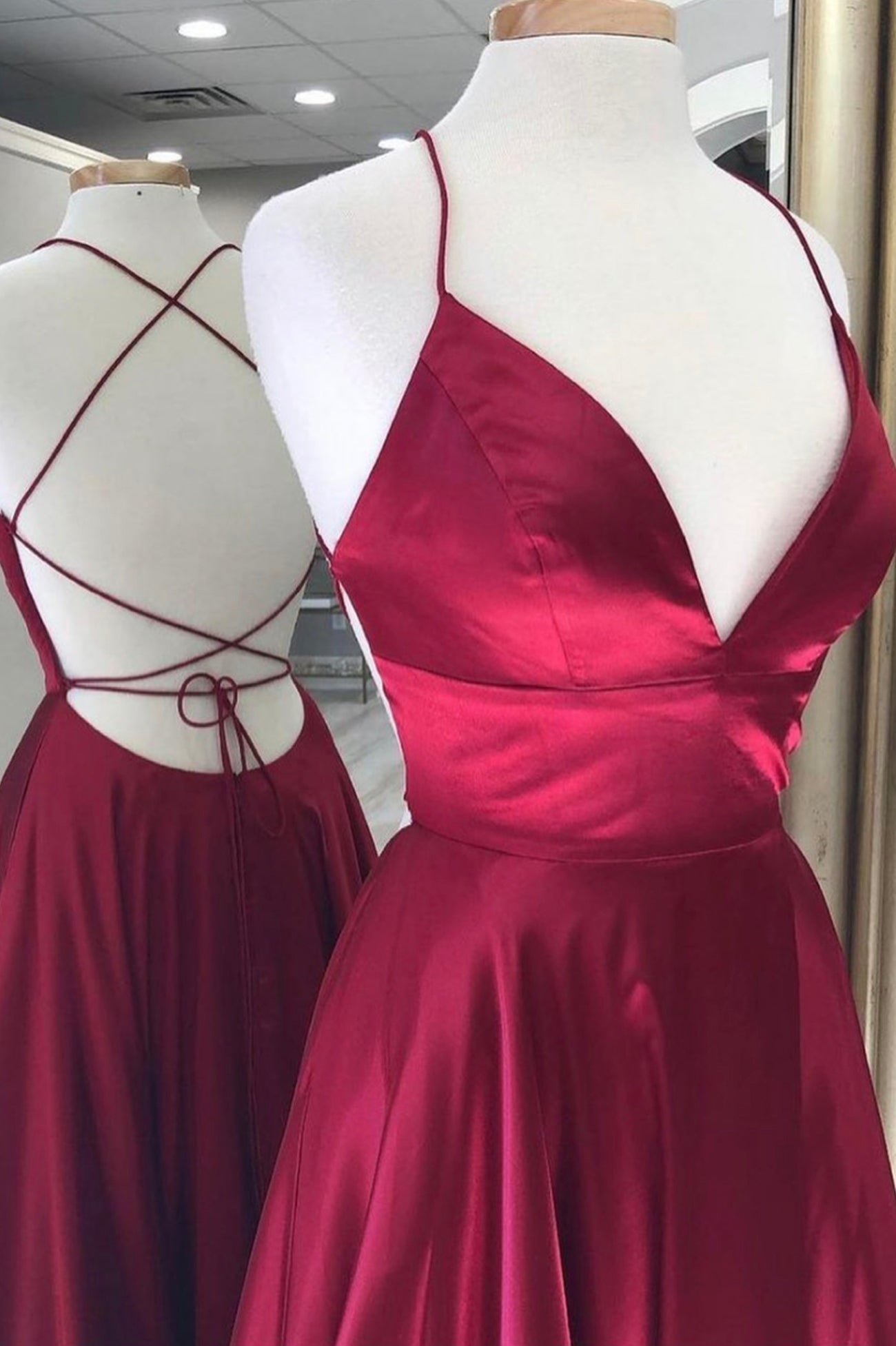 Burgundy Satin Long Prom Dresses, Simple A-Line Backless Evening Dresses