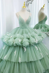 Green V-Neck Layers Tulle Long Ball Gown, A-Line Formal Gown