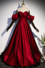 Burgundy Satin Tulle Long Prom Dress, A-Line Sweetheart Neck Evening Dress