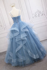 Blue V-Neck Tulle Long Formal Gown, A-Line Blue Evening Dress