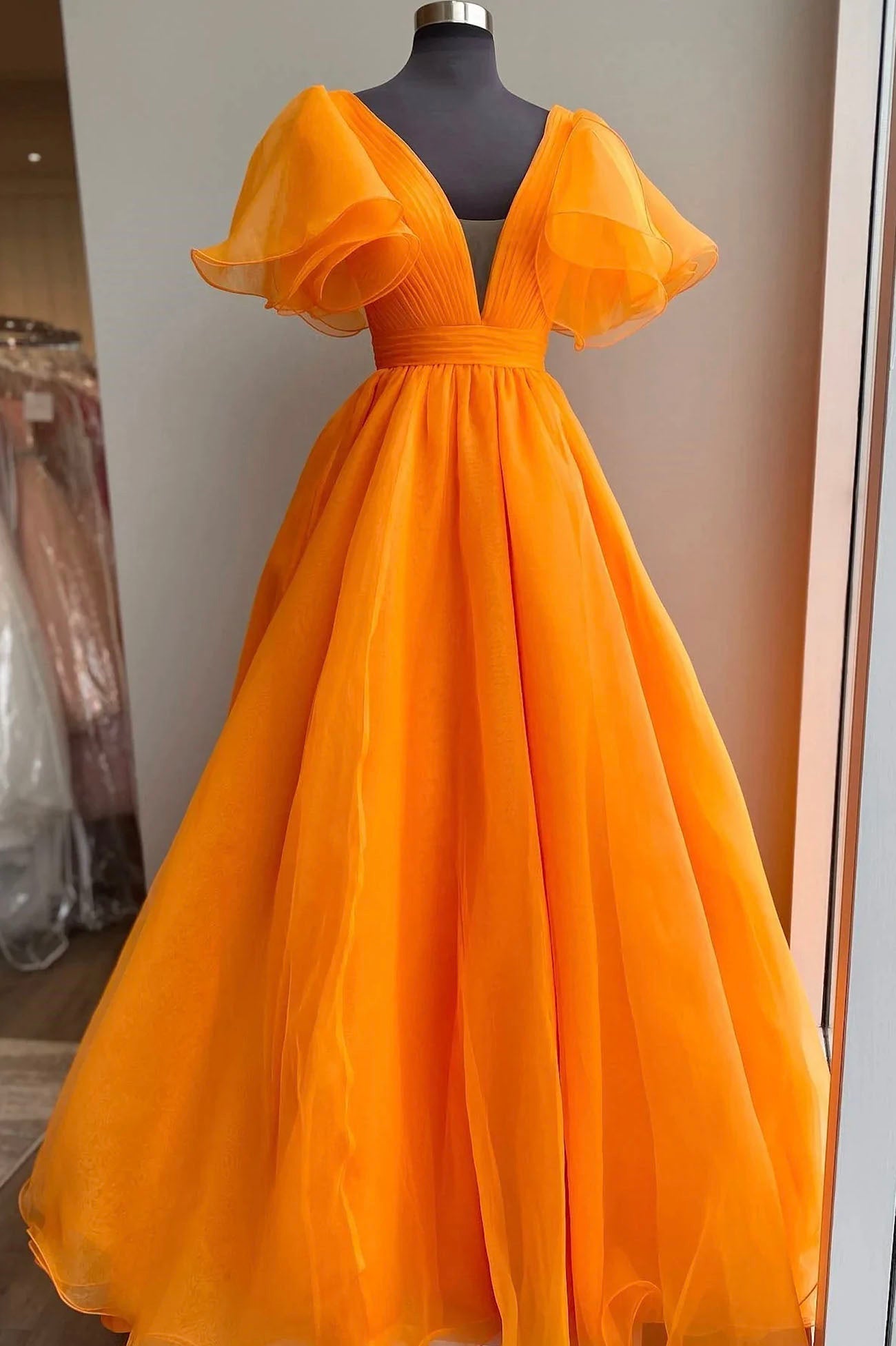 Orange Organza Long A-Line Prom Dress, Beautiful V-Neck Evening Dress