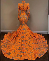 Hot Orange High neck Long Sleeves Mermaid Sequin Prom Dresses