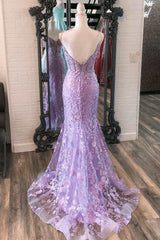 Lavender Floral Appliques Split Neck Mermaid Long Prom Dress