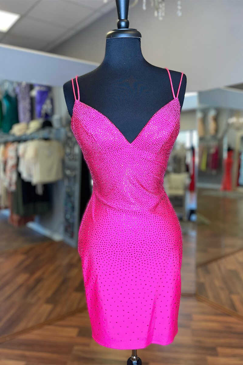 Hot Pink Beaded Lace-Up Bodycon Mini Homecoming Dress