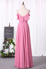 Pink Chiffon Straps Ruffled A-Line Long Bridesmaid Dress