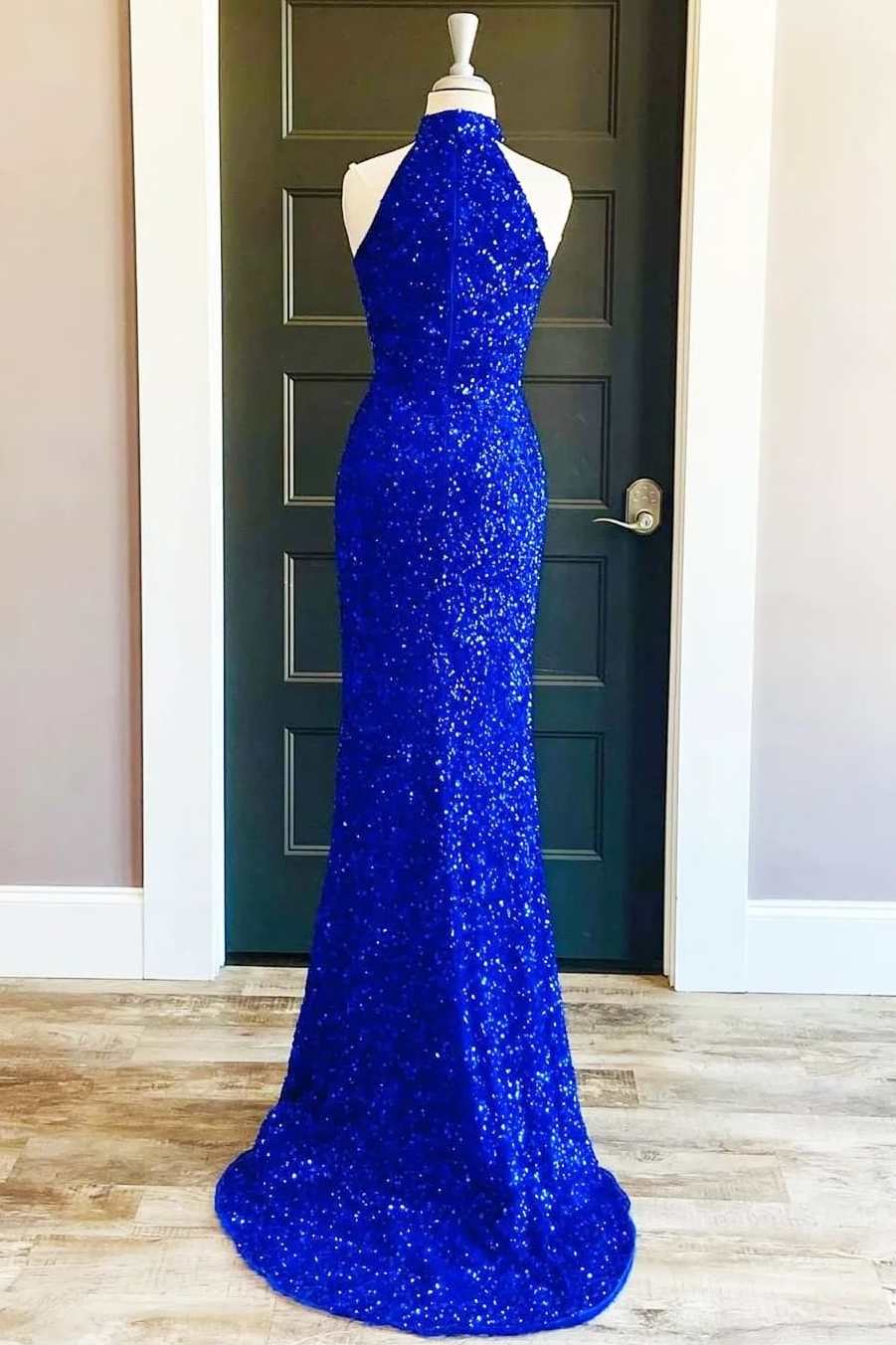 Blue Sequin Halter Long Formal Dress with Slit