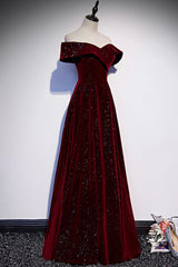 Burgundy Velvet Long Prom Dresses, Off the Shoulder Evening Dresses