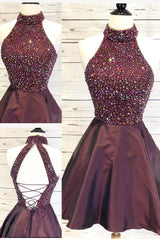 High Neck Short Sparkle Burgundy Homecoming Dress