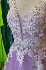 Lilac A-line Beaded Appliques Sleeveless Plunging V Neck Tulle Long Prom Dress