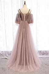 A-Line Tulle Long Prom Dresses, Lace Evening Dresses