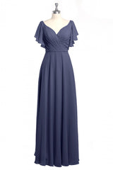 Navy Blue V-Neck Backless Ruffled A-Line Long Dress