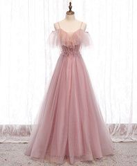 Pink Sweetheart Tulle Long Prom Dress, Pink Tulle Formal Dress, 1