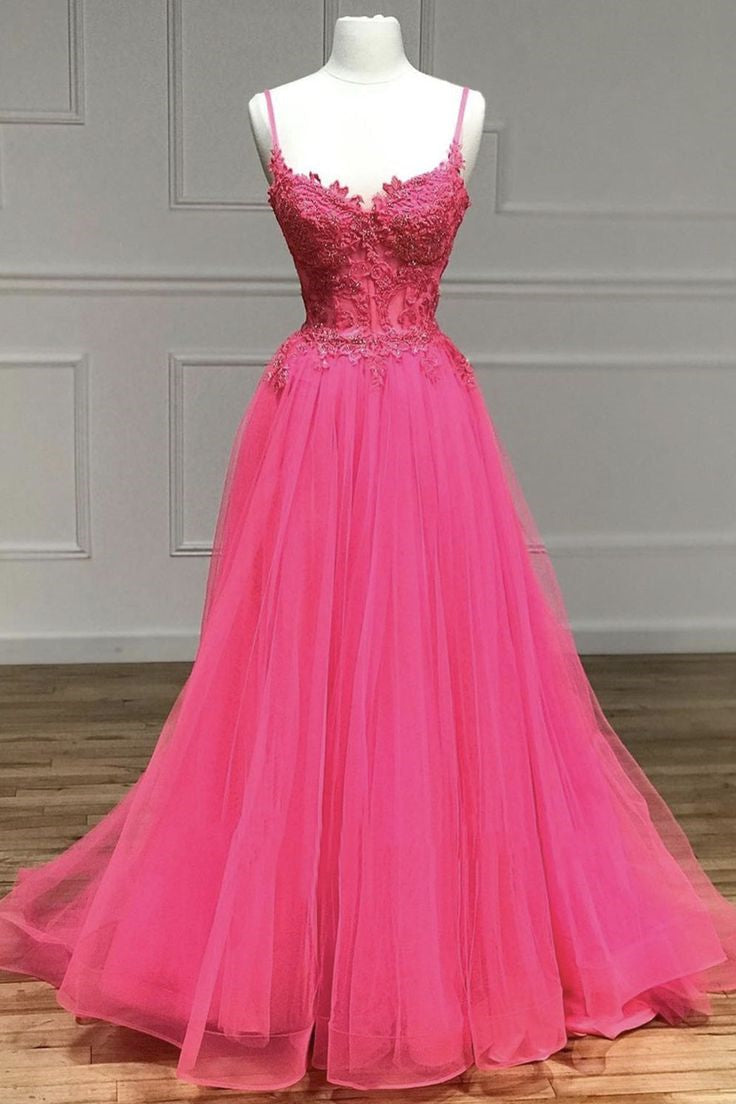 Hot Pink Floral Spaghetti Straps A-line Long Prom Dress